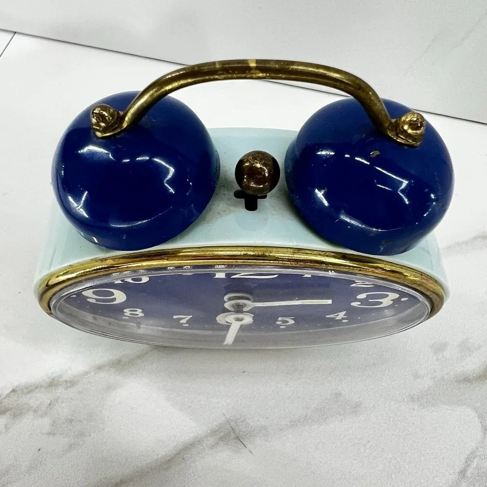 Vtg Bradley West Germany Twin Bell Alarm Clock Blue Brass Wind Up Retro MCM 9.5